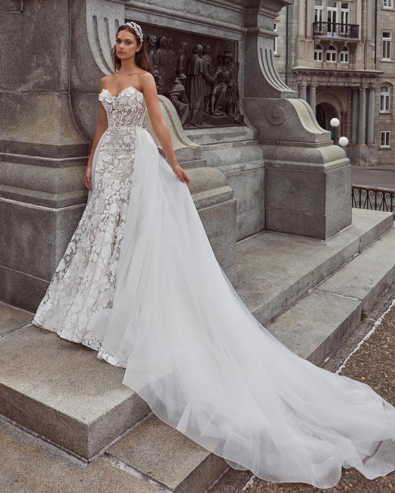 124121 strapless or long sleeve wedding dress with overskirt and 3d lace4